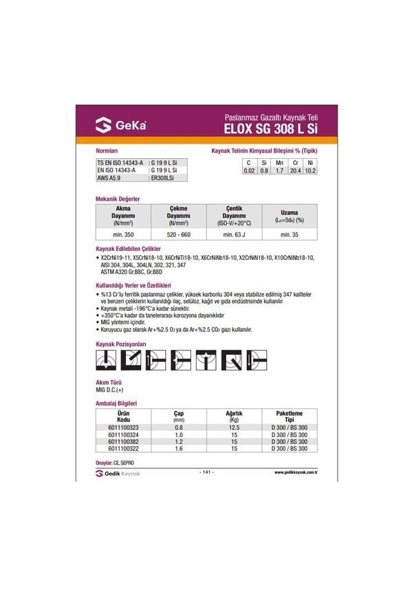 Geka Elox Sg 308 Lsi Mig Gazaltı Kaynak Teli 0 8 Mm 12,5 Kg